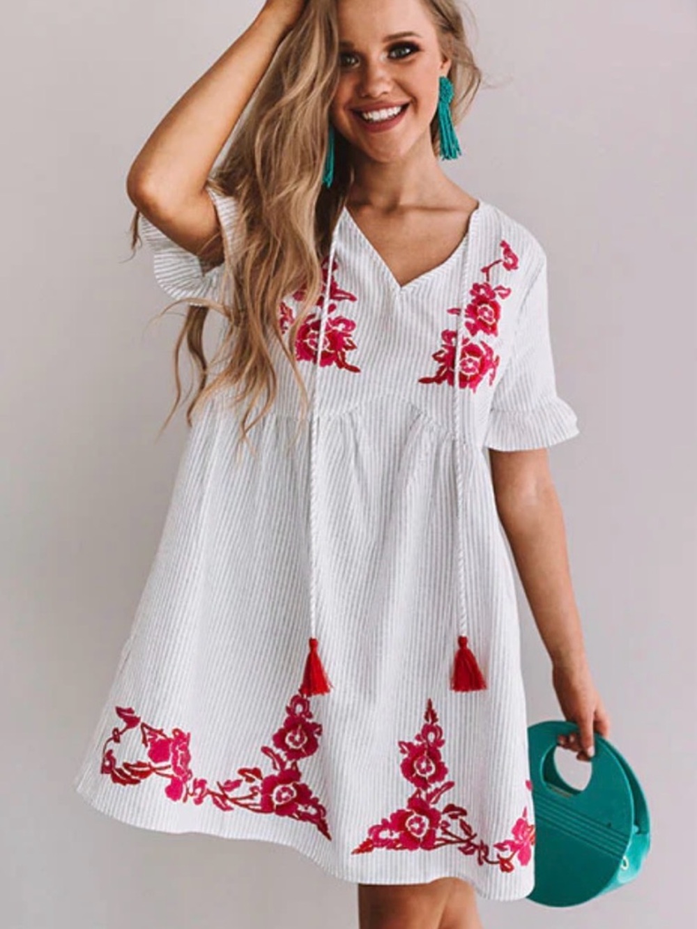 entro / In The Moment Pinstripes Embroidered Babydoll Dress In White